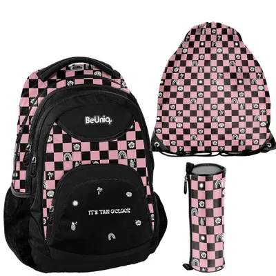 Produktbild von BeUniq Schulrucksack Set 3-teilig kariert für Jugendliche rosa - schwarz