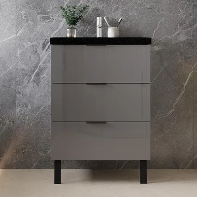 Produktbild von 60 cm Badmöbel-Set Unterschrank mit Schwarz Mineralguss waschtisch 3 Schubladen und 2 Füßen Hochglanz Anthrazit soft-close Selbstmontierter