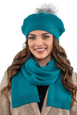 Produktbild von Vivisence damen baskenmütze mit bommel eleganter wintermütze und schal set warm kopfbedeckung und halsbedeckung an winter und herbst warm dick, winterset für frauen, hergestellt in der eu, türkis, ein