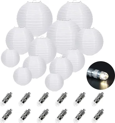 Produktbild von 12er Weiß Papier Lampions (Verschiedene Größen) mit 12er Warmweiße Mini LED-Ballons Lichter, rund Lampenschirm Papierlaterne Hochtzeit Dekoration