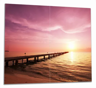 Produktbild von Wallario Herdabdeckplatte aus Glas, Größe 60 x 52 cm 2-teilig, Motiv Auf dem Weg zur Sonne  Steg am Meer