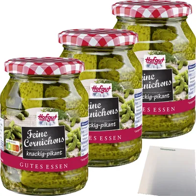 Produktbild von Hofgut Feine Cornichons 3er Pack (3x370ml Glas) + usy Block