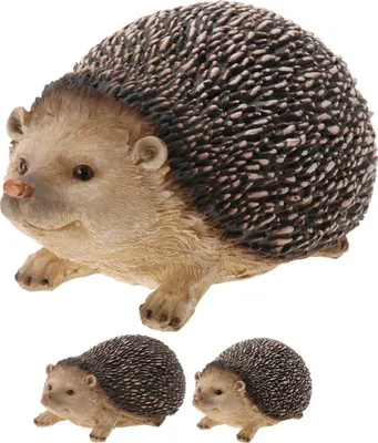A group of decorative hedgehog figurines on a white background.