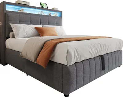Produktbild von Polsterbett 160x200 cm, mit LED-Beleuchtung und USB-Steckdose,mit hydraulischem Stauraum mit Ablagefächern, Grau