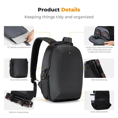 Produktbild von Kamerarucksack - 16 l - Leicht und wasserdicht - Für Laptops bis 33 cm - Mit Regenschutzhülle - 32 × 15,5 × 46 cm - Schwarz