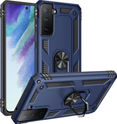 A dark blue phone case with a ring stand is shown from multiple angles against a white background.