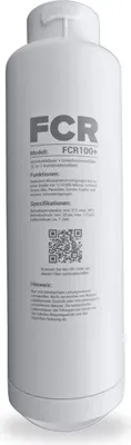 A white bottle with product information and a QR code printed on it.