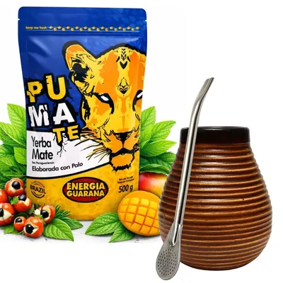 Produktbild von Yerba Mate Tee Set PumaTe Energia Guarana 500g mit Keramik Mate Becher Honig und Bombilla -Yerba Mate-Tee Elaborada con Palo aus Brasilien mit Guarana