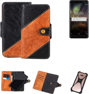 Produktbild von K-S-Trade Handyhülle Schutzhülle Bookstyle Case Wallet-Case kompatibel mit Nokia 6.1 Handy Cover Bumper Klapphülle schwarz hellbraun 1x