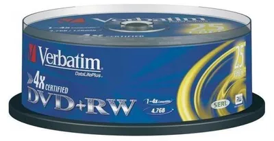 A spindle of Verbatim DVD+RW discs on a black base.