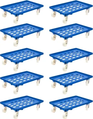 Produktbild von SparSet 10x Transportroller für Euroboxen 60x40cm mit Kunststoffräder blau | Gitter/Rasterdeck | 4 Lenkrollen | Traglast 300kg | Kistenroller Logistikroller Rollwagen Profi-Fahrgestell