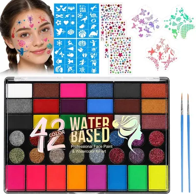 Imagen del producto de Kit de maquillaje para niños, con 42 colores, plantillas y pegatinas, 2 pinceles, ideal para niños