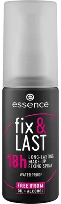 Productafbeelding van Essence Fix & Last, Make-up fixer spray, 50 ml, voor dames, ingrediënten: aqua (water), glycerine, butyleenglycol, extract van de schors van Enantia chlorantha, cucumis sativus..., Bevat gluten, olie en parabenen