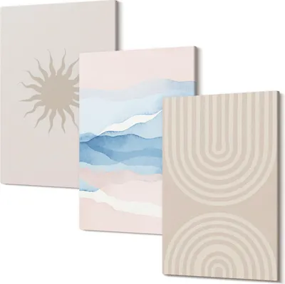 Produktbild von Leinwandbild – Wandbild – Leinwandbilder – Kunstdruck – Polycanvas – Modern – Mehrteilig – 3-Teilig Set – Hochwertig – Geruchslos – Lichtecht – Fertig Aufgespannt – 40x60 Cm Je Teil - Sonne, Wellen und abstrakte Linien in Pastellfarben
