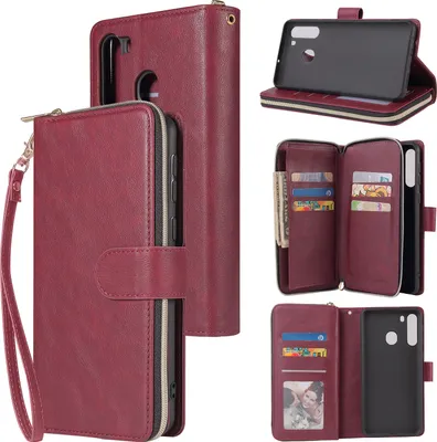Produktbild von Für Samsung A01/A21/A31/A41/A51 Kunstleder Handyhülle Reißverschluss Tasche + Handschlaufe Rotwein