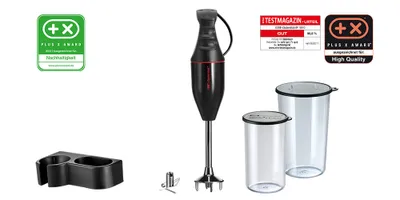 Der schwarze Stabmixer ESGE Zauberstab 901295 M 100 mit Aufsätzen, zwei Mixbehältern mit durchsichti