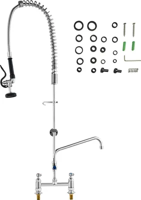 A commercial faucet with a pre-rinse spray hose and various accessories, presented on a white background.