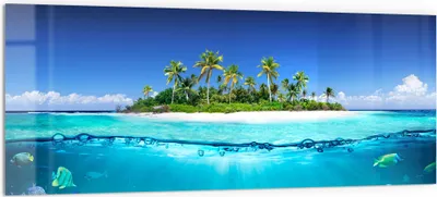 Produktbild von DEQORI Küchenrückwand Glas 125x50 cm 'Insel im tropischen Meer' Spritzschutz Bad Rückwand