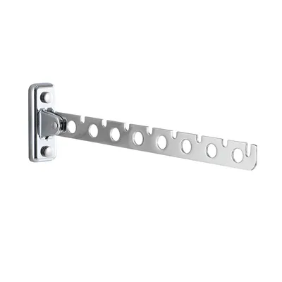 A silver metal folding clothes rack with multiple holes is mounted on a white background.