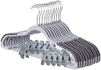 Productafbeelding van PromoHome® 12 broekhangers met clips - ruimtebesparende kledinghangers met antislip, grijs