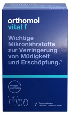 Produktbild von Orthomol Vital f für Frauen - bei Müdigkeit - mit B-Vitaminen, Omega-3-Fettsäuren und Magnesium - Orangen-Geschmack - Granulat/Tabletten/Kapseln, 7 St. Tagesportionen
