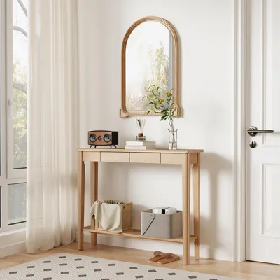 Immagine prodotto di Tavolino consolle in legno con cassetti, dimensioni 100 x 25 x 80 cm, legno naturale