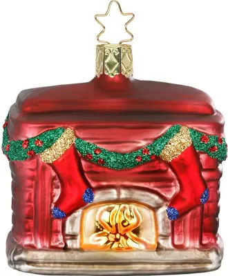 Produktbild von Christbaumschmuck Weihnachtskamin 7,5cm Glas Figur Rot / Grün / Gold