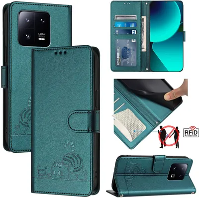 Produktbild von Leder Hülle für Xiaomi 13 Pro Süße Katze Flip Case Brieftasche Schutzhülle mit Standfunktion Grün