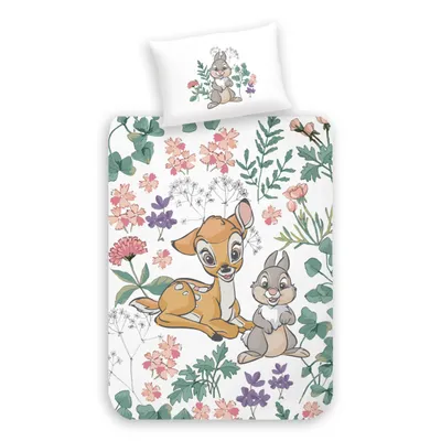 Produktbild von Disney Babybettwäsche Bambi Flower 100x135 + 40x60 cm in Renforcé - Wende-Motiv mit Reh und Hase - Blumen - Blüten - Blätter