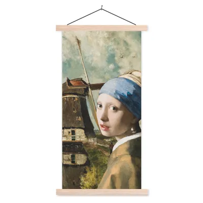 Produktbild von MuchoWow® Textilposter Mädchen mit Perlenohrring - Mühle - Kunst 40x80 cm mit holzfarbenen Rahmen - Wohnzimmer
