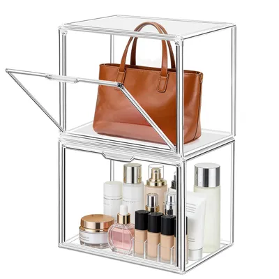 Produktbild von 2er-Set 40×25×30cm Stapelfähig Acryl Vitrine Magnettür Displaybox Organizer Schaukasten Schuhboxen für Figuren Handtaschen Spielzeug Handwerk Bücher