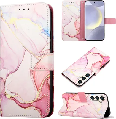 Produktbild von Galaxy S24+ Hülle, Marmor Motiv Kunstleder Tasche Kartenfächer mit Standfunktion Schutzhülle für Samsung Galaxy S24+ Pink Weiß