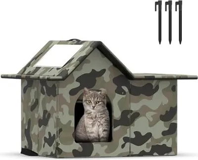 Produktbild von Katzenhaus Für Draußen Winterfest, Haus für verwilderte Katzen mit abnehmbaren Kissen, Winterschutz für Haustiere mit Türvorhängen, einfach zu montieren