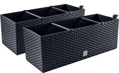Produktbild von 2x balkónový květináč Ratanový vzhled květináče Zavlažovací systém Černý antracit Bez háčků