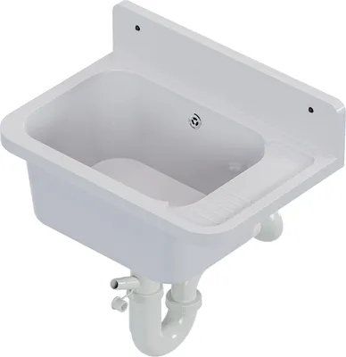 A white sink with plumbing attached, shown from a diagonal angle.