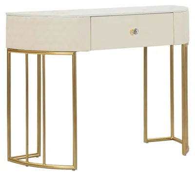 Image de Console Sharon Glam 100 x 40 x 75 cm en similicuir blanc et doré matelassé - Design élégant avec tiroir central - Bouton en forme de diamant