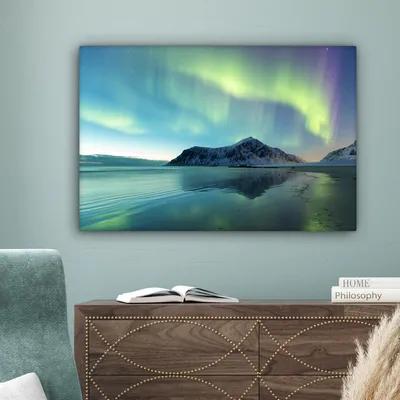 Produktbild von OneMillionCanvasses® - Leinwandbilder - 150x100 cm, Nordlicht über Felsen, Wandbilder Kunstdruck Wanddekoration