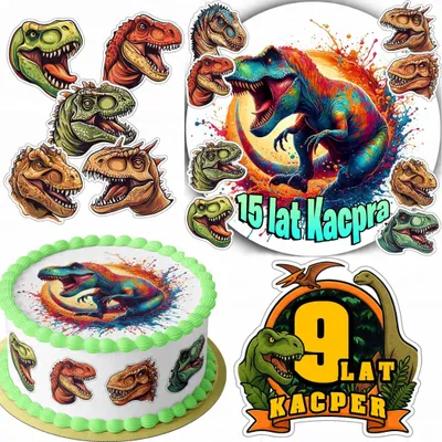 Obrázek produktu pro Zestaw Opłatek Na Tort 20Cm + 16 Postaci - Dino Dinozaur + Imię 15Cm 18Cm