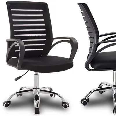 Two views of a black office chair on a white background.