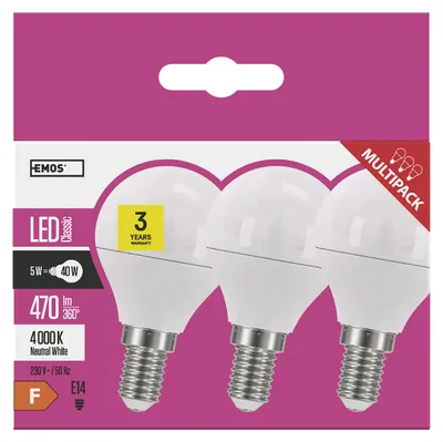 Immagine prodotto di EMOS Lampada LED 5W, sostitutiva della lampadina a incandescenza da 40W, base E14, 470lm, bianco neutro 4000K, mini globo, durata 30000 h, confezione da 3, ZQ1221.3