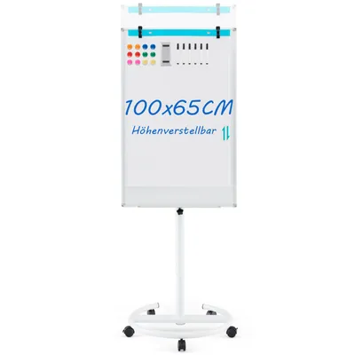 Produktbild von GOPLUS Flipchart Ständer, 100 x 65cm Mobiles Whiteboard auf Rollen, Trocken asbwischbar, Flipcharts Whiteboard höhenverstellbar mit Rundfuß, Haken, Marker, Magneten, Papier, Radiergummi (Weiß)