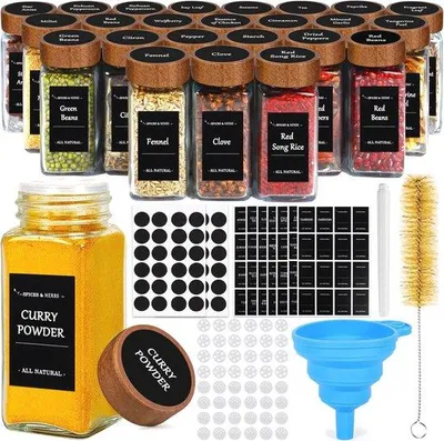 Productafbeelding van Famanu kruidenpotjes met houten deksel en accessoires - set van 24 stuks, elk 120 ml