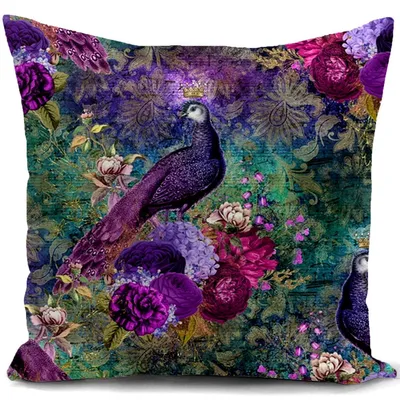 Immagine prodotto di Cuscino decorativo 40x40 cm, motivo pavone, colore viola, ideale per divano, camera da letto e soggiorno