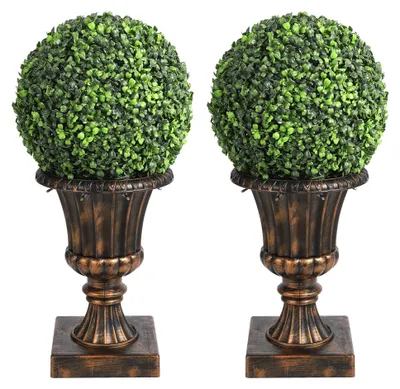 Obrázok produktu pre Sada 2 umelých guľôčok z buxusu – topiary s kvetináčom – LED osvetlenie – vonkajšia dekorácia do záhrady a na balkón – 60 cm