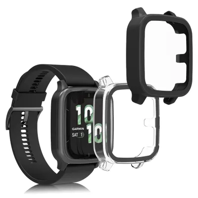 Produktbild von kwmobile 2x Glas Hülle für Garmin Venu Sq 2 Music / Sq 2 Schutzhülle - Fullbody Fitnesstracker Case Set aus Glas - Transparent Schwarz