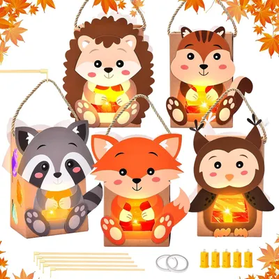 Productafbeelding van 5 herfstlantaarns om te knutselen voor kinderen, herfst, dieren, knutselsets met vos, uil, wasbeer, eekhoorntje, gel, herfstlantaarns, knutselset