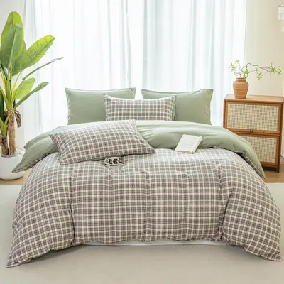 Produktbild von Bettwäsche-Set 220x240 cm Kariert Mikrofaser Grün 2 Kissenbezüge 80x80 cm mit Reißverschluss