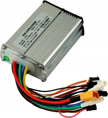 A silver electronic controller with multiple colored wires extending from it, set against a white background.