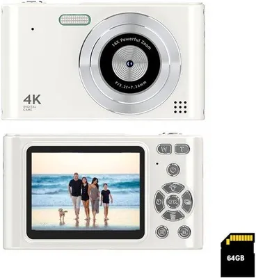Immagine prodotto di Fotocamera digitale tascabile con zoom 16x, 64 GB di memoria, FHD 1080p, stabilizzatore d'immagine - Fotocamera piccola e compatta per bambini (bianca)