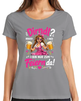 Productafbeelding van Dirndl, dat is niet mijn ding. Ik ben er alleen om te feesten. Lederhosen dames T-shirt, grijs, maat M